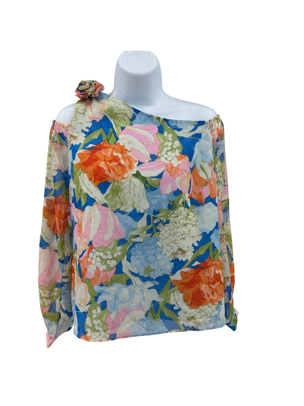 CeCe One Shoulder Blouse WMNS XS Blue Pink Green Floral Print Long Sleeve Lined